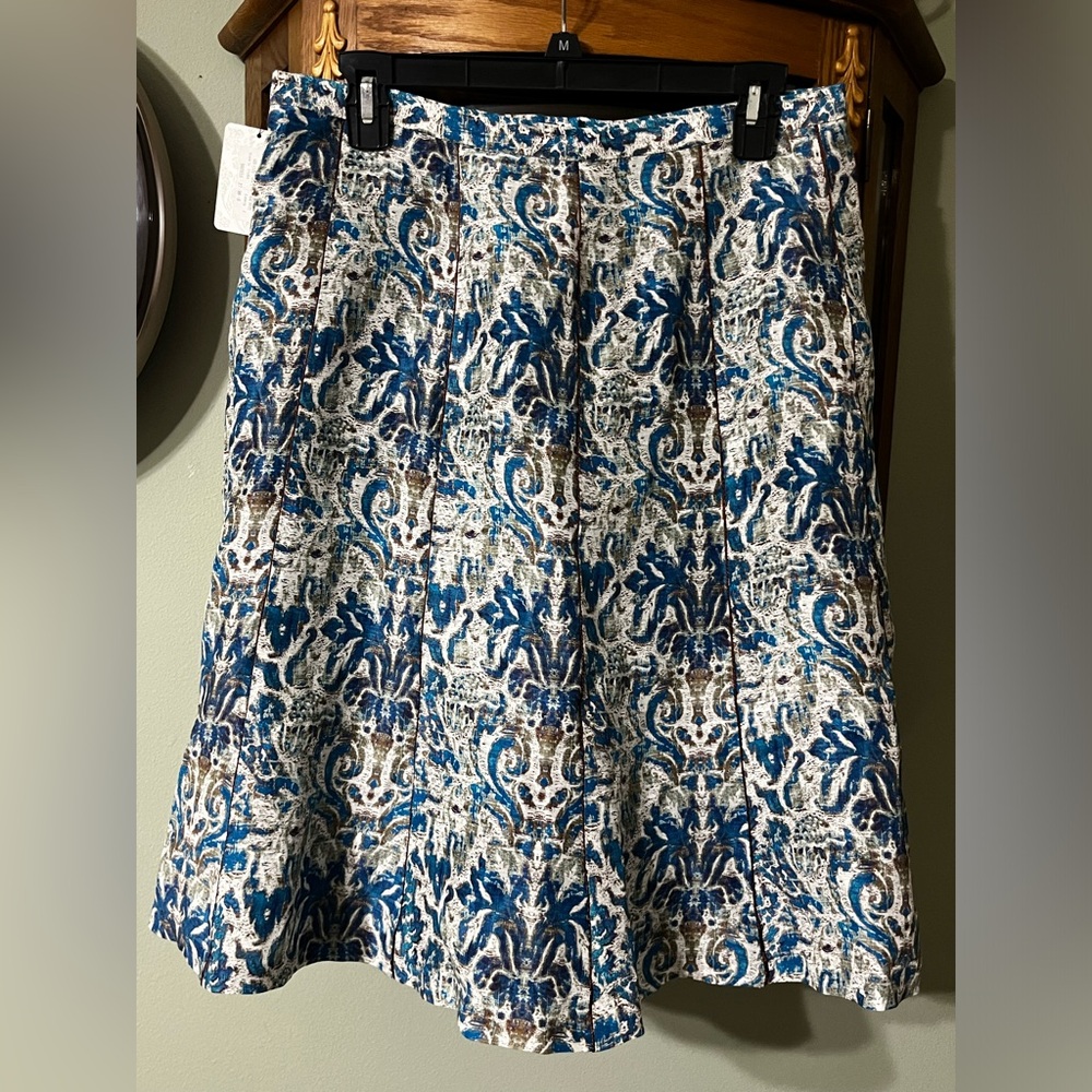 Peruvian Connection Blue, White & Brown Printed A-Line Skirt